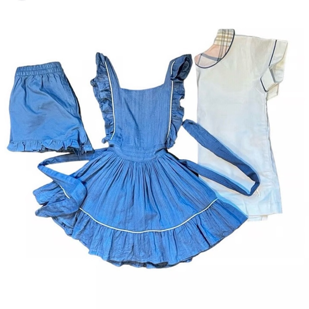 Blue Ruffled Dress with Matching Shorts and White Top